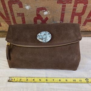 Uno Alla Volta Brown Suede Fold-Over Clutch with Turquoise Accent